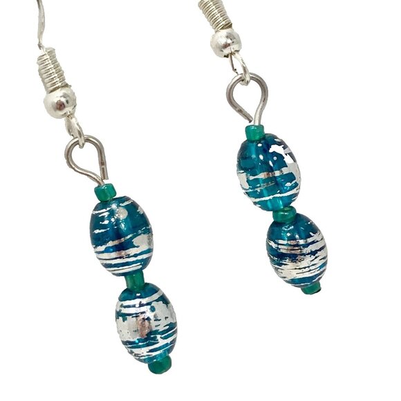 Murano Style Blue Silver Art Glass Bead Earrings Plated Dainty Dangle Handmade - Picture 3 of 7